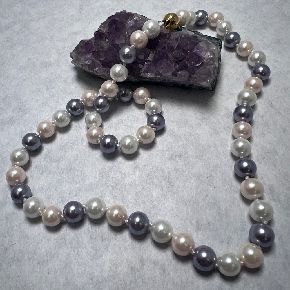 Knotted 19" Pearl Necklace Multi Color Faux Pearls‎ Gold Clasp Jewelry Demure